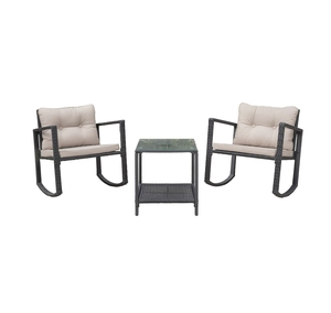 Modern Black Rattan Rocking Set KD Steel Tempered Glass Polyester <b>Cushion</b> <b>Outdoor</b> Furniture <b>Garden</b> Patio Comfortable All-Weather - Product Image 1
