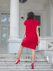 Robe Formelle Rouge Col V Manches Courtes Longueur Genou 100% Lin Crêpe Coupe Ample Respirante Tissée Couleur Unie Simple Quotidienne Été - Product Image 4