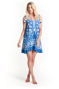 Vestido corto bohemio de playa con tirantes finos y borlas bordadas ornamentales, rayón de encaje encantador con contraste azul blanco para bonito - Product Image 6