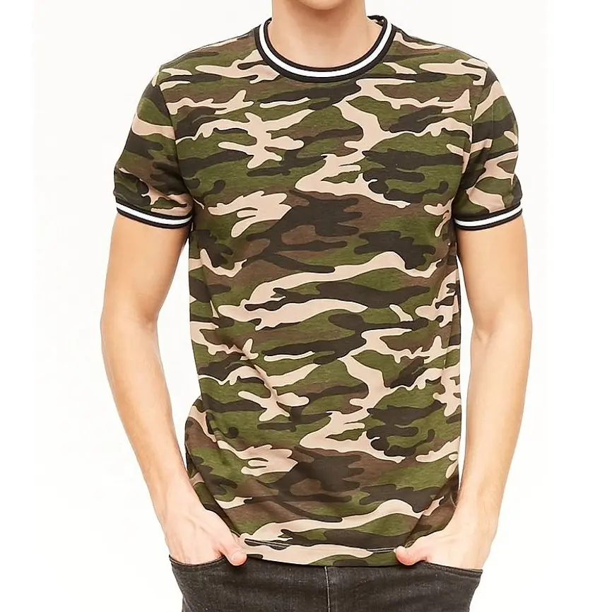 Fashionable Latest Design Camouflage Printed Ringer T-Shirt men graphic tees custom print DIY Homme 100% pure cotton linen shirt