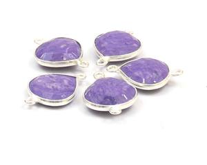 Pierre précieuse en cuivre bleu teint avec connecteur de lunette Double Bail de bijoux en forme de coeur fait main plaqué argent - Product Image 2