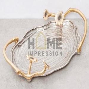 ถาดวางกลางโต๊ะพร้อมที่จับดีไซน์ใบไม้เคลือบสีขาวและเคลือบทองทำจากโลหะถาดตกแต่ง - Product Image 4