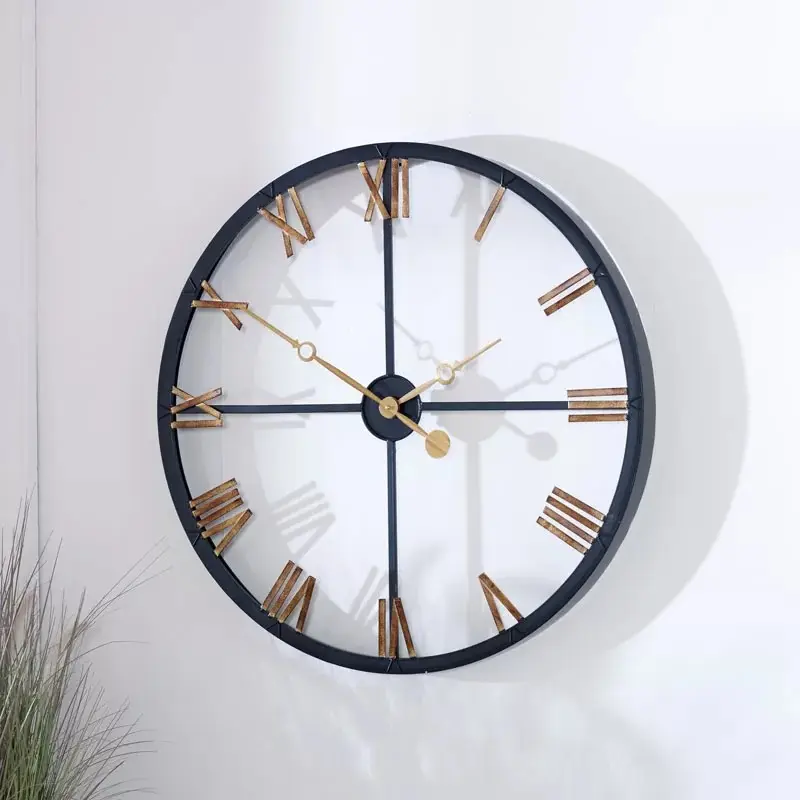 Grande horloge murale en noir et argent, finition pour décoration, vente en gros,