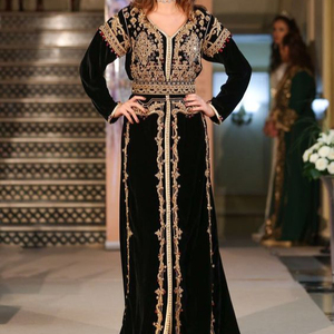 NEW MODERN BEAUTIFUL EMBROIDERY of DABKA, CRYSTAL BEADS,GLASS STONE WORK on BLACK VELVET CAFTAN WITH TRAIL BRIDAL DRESS @ 2022 - Product Image 1