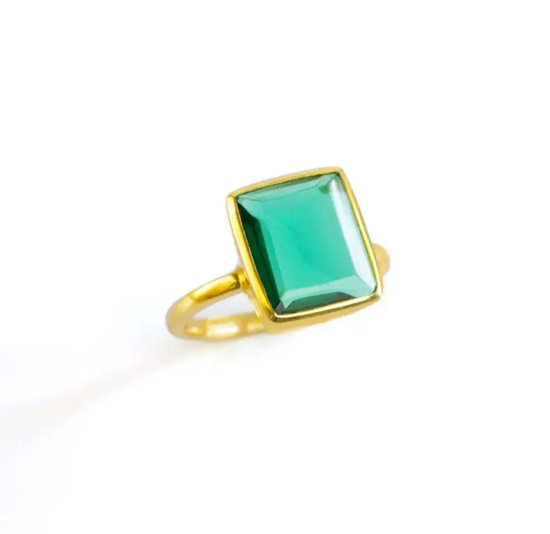 New Trendy Looking Green Quartz Rectangle Cut Stone Ring 10x15 mm In Size 925 Silver Gold Plated Bezel Setting Ring