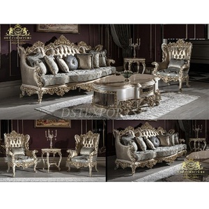 Lujoso juego de sofá plateado de madera de teca tallada estilo europeo tallado pesado duradero tamaño personalizado sala de estar - Product Image 1