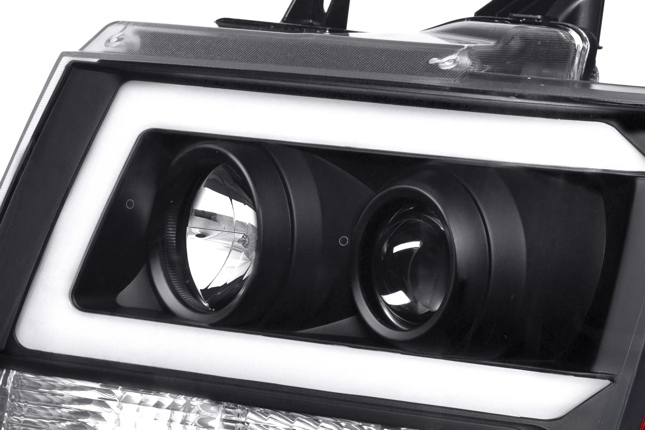 Venta caliente LED C-Bar DRL Proyector Faros PARA 2007-2013 Chevrolet Avalanche/ 2007-2014 Tahoe Suburban (Negro/Claro