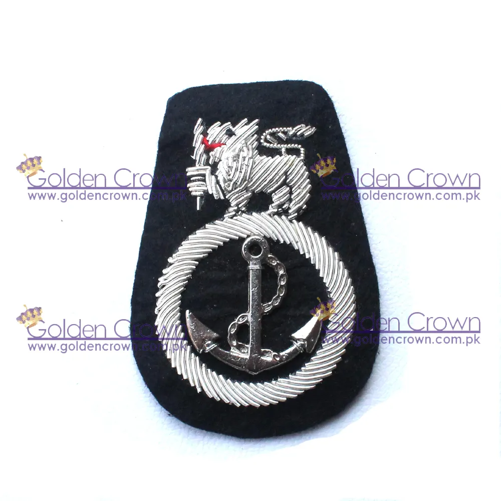 High Quality Hand Embroidered Silver Bullion Wire Navy Cap Badge / Wholesale Embroidery Bullion Wire Badge