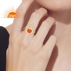 Anillo de Plata de Ley 925 con forma de mano de Hamas, anillo de piedras preciosas de ónix rojo, chapado en oro, proveedor de joyería - Product Image 5
