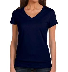 Camiseta azul marino con cuello en V para mujer 100% algodón manga corta liso teñido logotipo personalizado OEM personalizado en blanco cuello en V parches apliques - Product Image 1