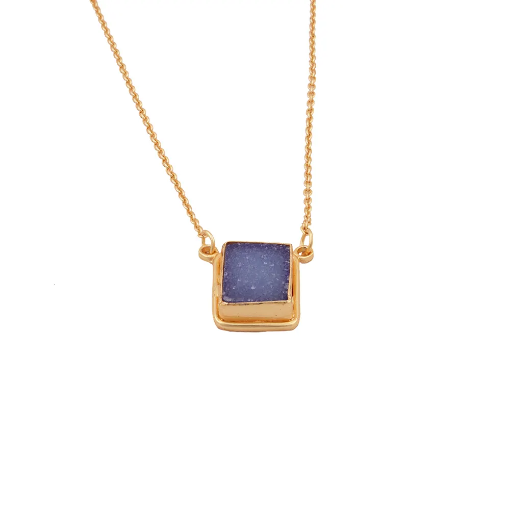 Ink Blue Agate Druzy Handmade Rectangle Shape Gemstone Necklace Gold Plated Brass Adjustable Gifts Her Jewelry. Mode Joyas N-327