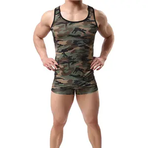 पुरुषों के टैंक में सबसे ऊपर छलावरण प्रिंट डिजाइन कस्टम ब्रांड लोगो OEM 100% पॉलिएस्टर कपड़े उच्च गुणवत्ता फिटनेस जिम थोक पहनने