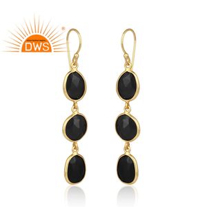 Fabulous <b>Indian</b> Gold Plated Designer Silver Bezel <b>Set</b> Drop Earrings Black Onyx Gemstone Earrings Jewelry Manufacturer - Product Image 2
