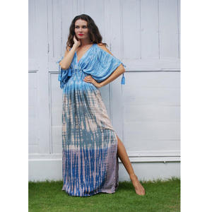 Venta caliente de las mujeres ropa de verano de tinte de corbata damas vestidos de noche vestido de fiesta Boho dama Split manga relajado con cuello en V profundo vestido Maxi - Product Image 1