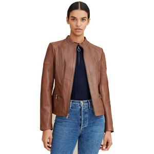 Chaqueta de cuero de vaca con cremallera para mujer, cazadora larga ajustada de cuero de vaca, Color marrón Real, último diseño, 100% - Product Image 1