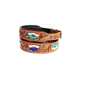 Highest Quality Hand Made 100% Cow Leather Soft Padded Dog <b>Collar</b> With Colorful Floral Embossed Design Indian Manufacturer - Product Image 1