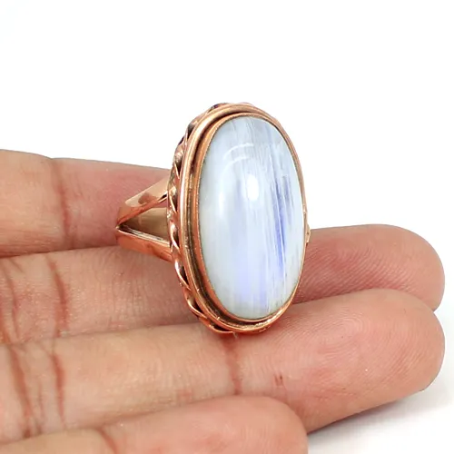 Blue Fire Rainbow Moonstone Brass Rose Gold Plated Double Band Designer Rings