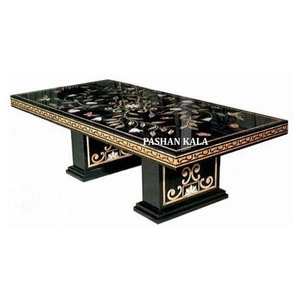 Black Marble Inlay Work Rectangular Dining Table Restaurante Purpose - Product Image 1