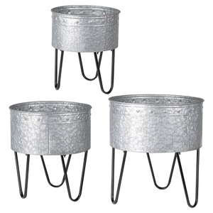 Bonne vente ensemble de trois jardinière galvanisée forme ronde Vintage conçu Pot de fleur de haute qualité avec support pour décor de ferme - Product Image 1