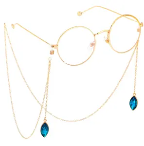 gato de cadena de oro Suppliers-Accesorios antideslizantes, cuerda de metal para gafas, colgante de ojo de gato dorado y azul, cadena de gafas de moda
