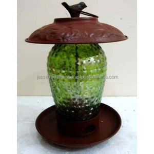 Comedero para pájaros de Metal y vidrio verde con acabado de recubrimiento en polvo marrón Diseño floral en relieve de buena calidad Forma redonda para alimentación - Product Image 1