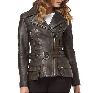 Veste en cuir de peau de mouton de Style Vintage pour femmes de haute qualité col roulé respirant fermeture à glissière fini imperméable - Product Image 4
