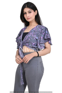 Tissu en Viscose de soie imprimé, haut court noué sur le devant, style Boho, vêtements de plage d'été, haut court pour femmes, au prix de gros - Product Image 3