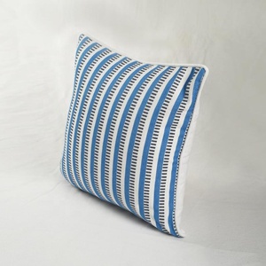 Striped Square <b>Cushion</b> Cover Blue <b>White</b> Cotton Printed Home Decor Washable - Product Image 2
