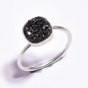 New Arrival Natural Black Titanium Druzy Gemstone Designer Fine Jewelry 925 Sterling Silver Vintage Unisex Solitaire Ring