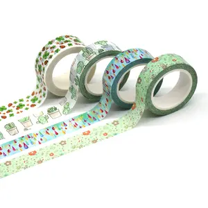 Washi קלטת נצנצים Kawaii קוריאה מלאכה בצבע מותאם אישית מודפס ירוק עמיד למים אקריליק OEM Washi נייר 6 צבעים והדפסה CMYK