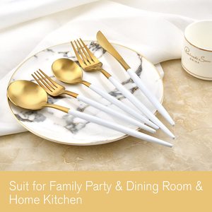 Ensemble de couverts décoratifs en or blanc et mat Ensemble de 5 cuillères de table, cuillère à thé, fourchette, fourchette à fruits et épandeur-par KSN - Product Image 3