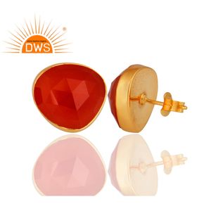 Petites boucles d'oreilles coréennes rouges naturelles, bijoux en argent et plaqué or 925, vente en gros - Product Image 2