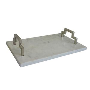 Elégant plateau de service en marbre blanc argenté personnalisable avec poignée en fer nickelé fait à la main pour la maison et l'hôtel Vente en gros - Product Image 4
