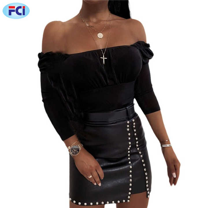 Women's Pencil Skirt Faux Leather High Waist Elegant Mini Skirt Sexy Studded Leather Skirt