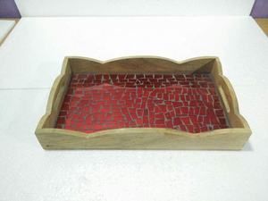Plateau de service et de rangement multifonctionnel en mosaïque de verre et bois de manguier, fait main, durable, à un seul niveau, pour la maison et la cuisine - Product Image 3