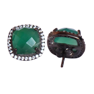 925 Sterling <b>Silver</b> <b>Stud</b> Earrings Natural Green Onyx Gemstone Black Rhodium Plated Cubic Zircon for Engagement Wedding Wholesale - Product Image 2