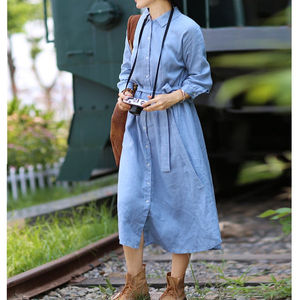 New arrival fashionable trending latest design 2026 light blue color crepe turn-down collar half sleeve knee-length linen <b>dress</b> - Product Image 3