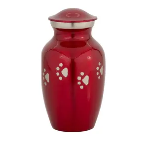 Latest Design Funeral Pet Urns Red Enameled Silver Paw Best Quality Pet Urns Tabletop Funeral Supplies Custom Packing Available