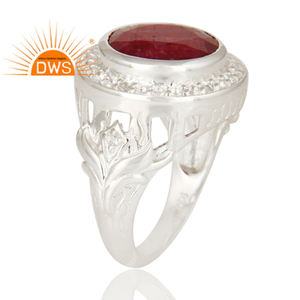 Anillo de cóctel de declaración de Plata de Ley 925 con piedras preciosas de topacio blanco de corindón rojo para mujer, regalo para su colección clásica - Product Image 2