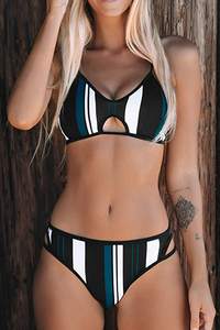 Women's Customizable Blue <b>White</b> Striped <b>Bikini</b> Set Strapless Animal Letter Knitting Print Summer Beach Adjustable Strap Adults - Product Image 5