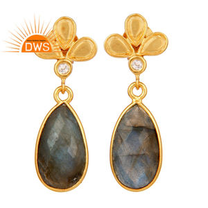 Belle 18k Plaqué Or Flashy Labradorite Cut Gemstone Sterling Silver Dangle Boucle D'oreille Bijoux Grossiste Collection Classique - Product Image 1
