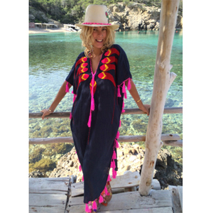New 2019 Elegant Style v Neck Fluorescent Embroidered Women Clothing Long Kaftan Dress <b>With</b> Handmade <b>Tassel</b> <b>Trim</b> & Neck String - Product Image 1