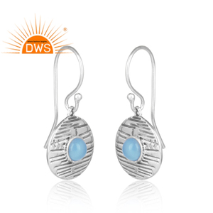Boucles d'oreilles pendantes en argent sterling oxydé faites à la main, grossiste en pierres précieuses de calcédoine bleue, fabricant de boucles d'oreilles DWS JEWELLERY - Product Image 2