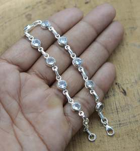 บุษราคัมสีฟ้า925เงินสเตอร์ลิงรอบรูปร่างพลอยสร้อยข้อมือปรับ8 "ยาวขายส่ง Manucrack - Product Image 4