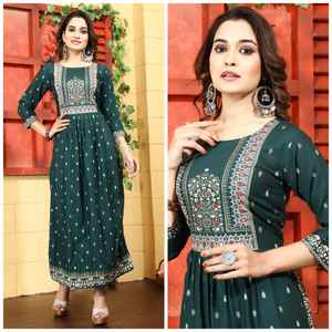 Designer Green Color Rayon Foil Print with Embroidery <b>Mirror</b> Work Nayra Cut Kurti Wholesale Price Full Stitched - Product Image 6