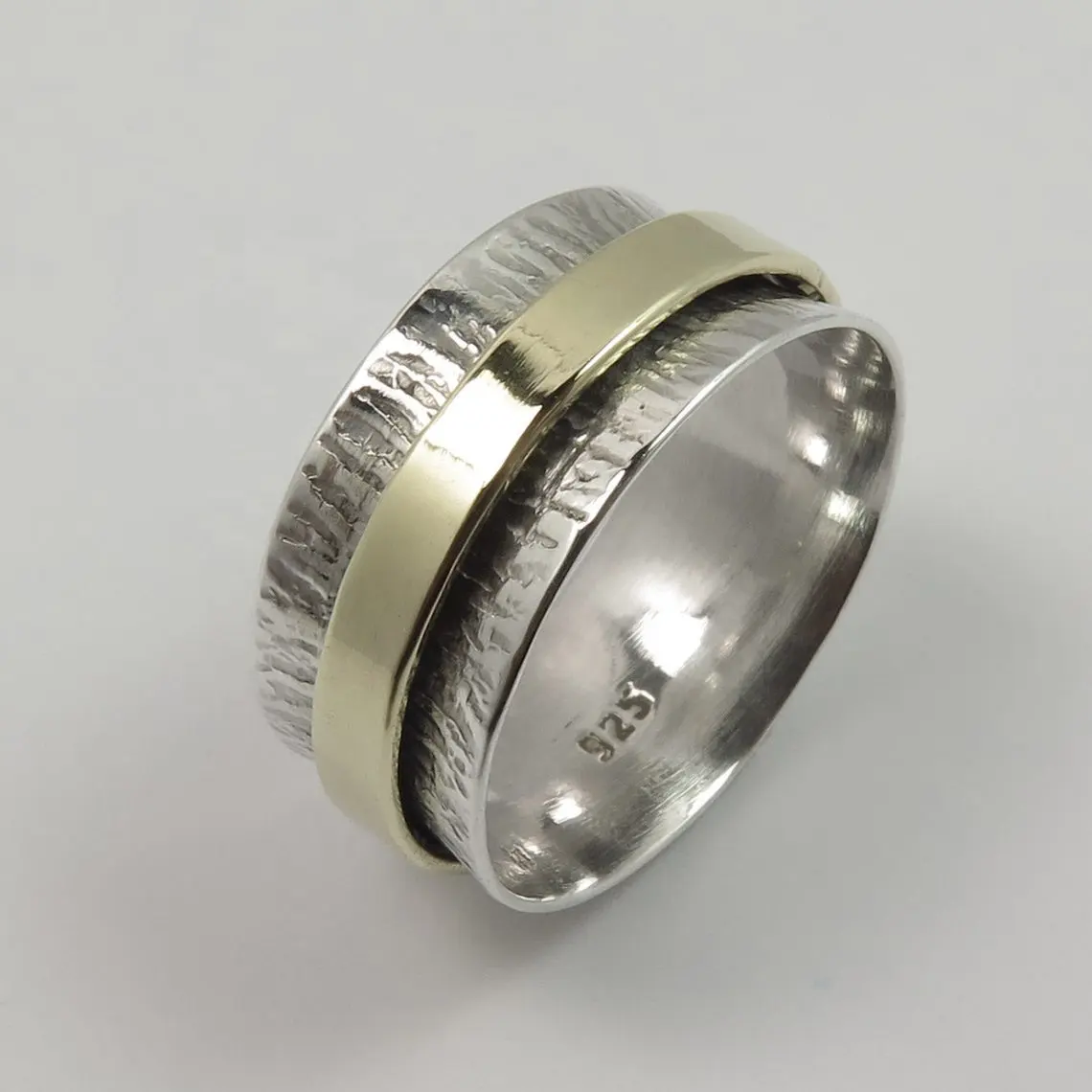 Anillo de Plata de Ley 925 y oro de dos tonos, anillo de banda ancha martillado, al por mayor precio de fábrica, de los proveedores del fabricante, compra