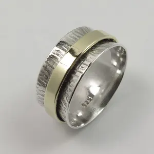 925 Sterling Silver & Golden Two Tone spinner Wide Hammered Band Ring At Wholesale Factory Price From Manufacturer Suppliers Buy