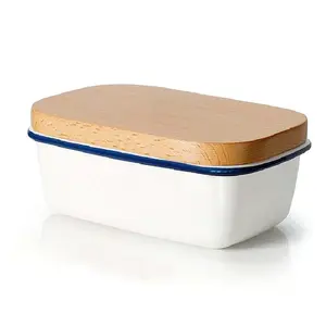 Wholesale Best Quality Dishes Plates White Powder Coating Butter Dish Boat Wooden Lid Butter Keeper Plate For Storage Cheese