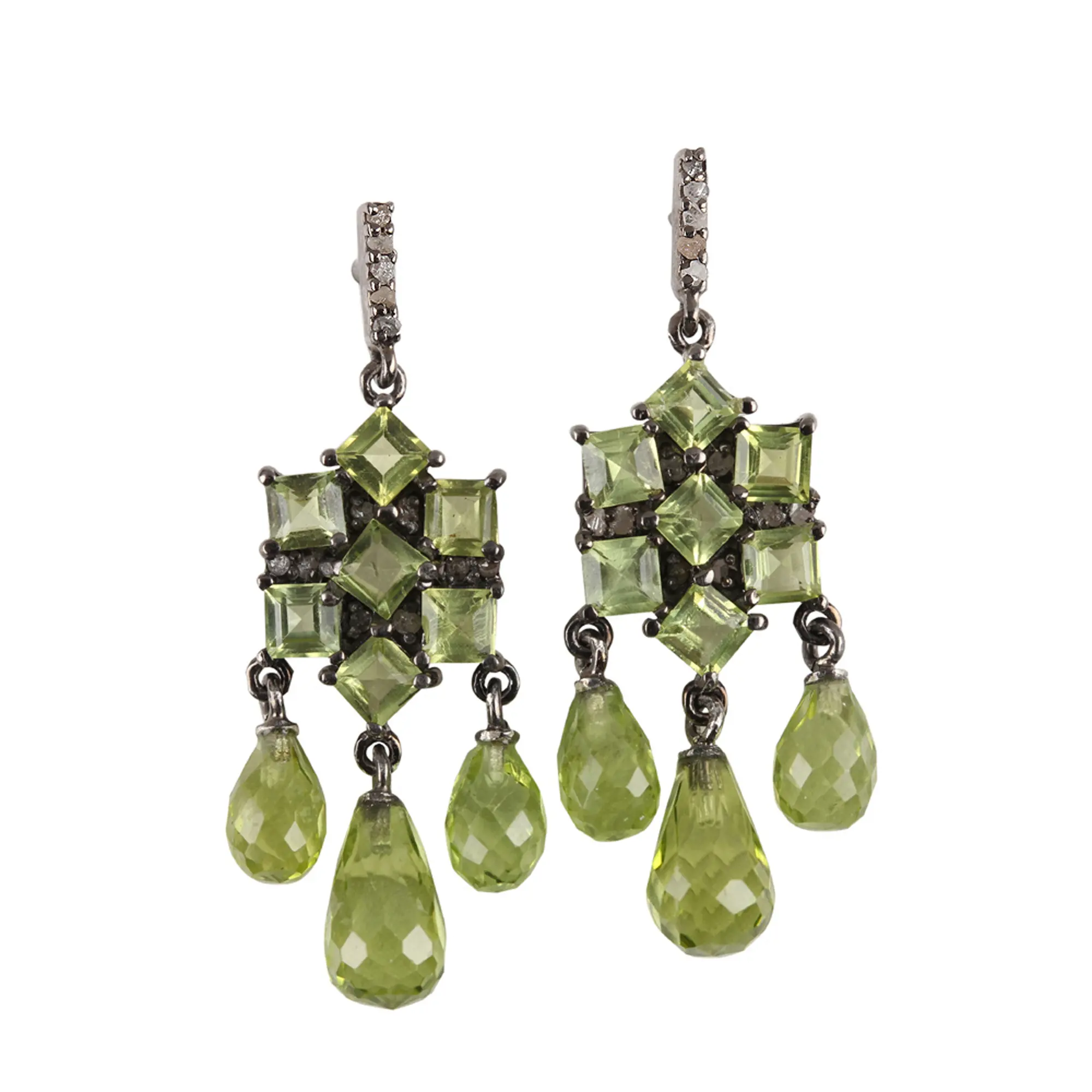 Genuine Pave Diamond Peridot Gemstone Drop Dangle Earrings 925 Sterling Silver Jewelry Wholesale Jewelry Supplier