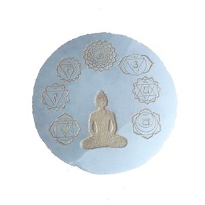 Sous-verre en sélénite de haute qualité, symboles de chakra de Bouddha gravés, disque de charge en sélénite, sous-verres en cristal pour les boissons avec support à café - Product Image 2